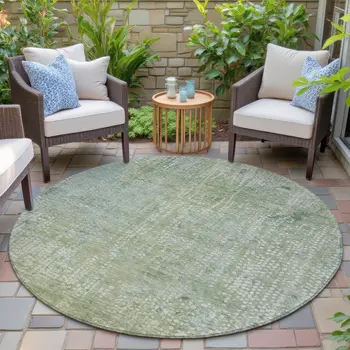 8' Green And Ivory Round Abstract Washable Indoor Outdoor Area Rug