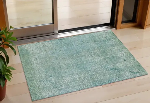 3' X 5' Teal Blue And Ivory Abstract Washable Indoor Outdoor Area Rug