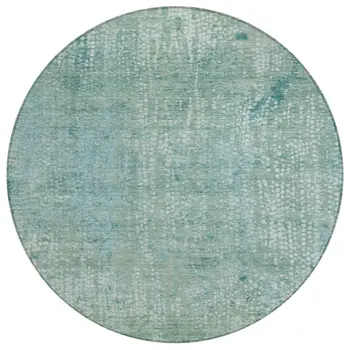 8' Teal Blue And Ivory Round Abstract Washable Indoor Outdoor Area Rug