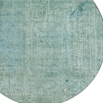 8' Teal Blue And Ivory Round Abstract Washable Indoor Outdoor Area Rug