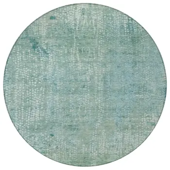 8' Teal Blue And Ivory Round Abstract Washable Indoor Outdoor Area Rug