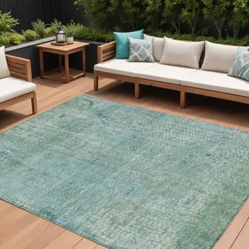 9' X 12' Teal Blue And Ivory Abstract Washable Indoor Outdoor Area Rug