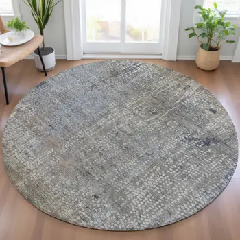 8' Taupe And Ivory Round Abstract Washable Indoor Outdoor Area Rug