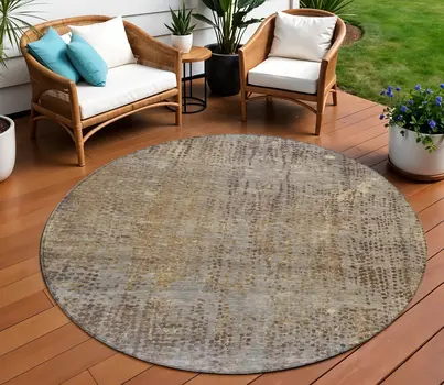 8' Brown And Ivory Round Abstract Washable Indoor Outdoor Area Rug