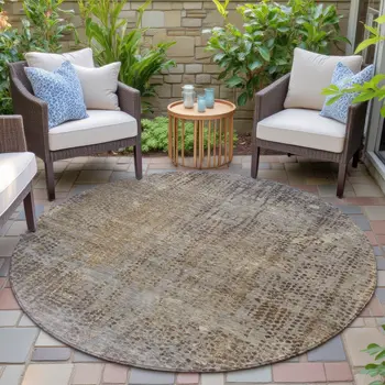 8' Brown And Ivory Round Abstract Washable Indoor Outdoor Area Rug