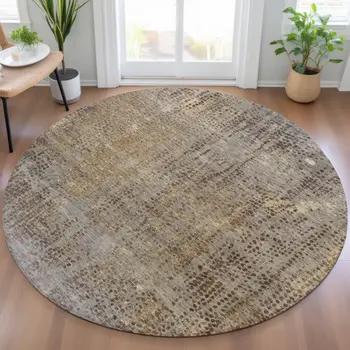 8' Brown And Ivory Round Abstract Washable Indoor Outdoor Area Rug