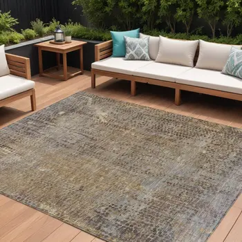 8' X 10' Brown And Ivory Abstract Washable Indoor Outdoor Area Rug