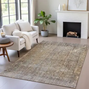 8' X 10' Brown And Ivory Abstract Washable Indoor Outdoor Area Rug