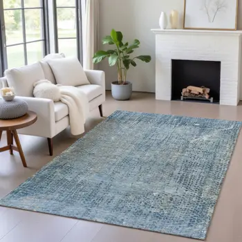 3' X 5' Blue And Ivory Abstract Washable Indoor Outdoor Area Rug