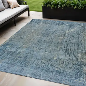 5' X 8' Blue And Ivory Abstract Washable Indoor Outdoor Area Rug