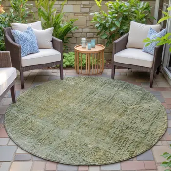 8' Green And Ivory Round Abstract Washable Indoor Outdoor Area Rug