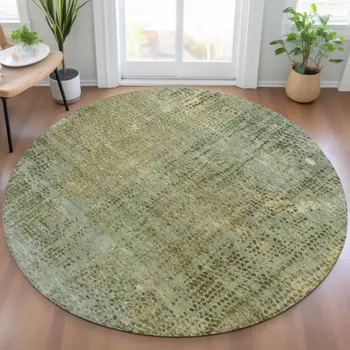 8' Green And Ivory Round Abstract Washable Indoor Outdoor Area Rug