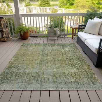 9' X 12' Green And Ivory Abstract Washable Indoor Outdoor Area Rug