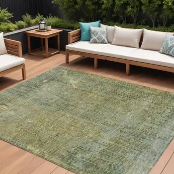 10' X 14' Green And Ivory Abstract Washable Indoor Outdoor Area Rug