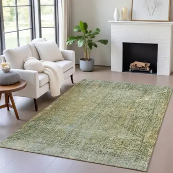 10' X 14' Green And Ivory Abstract Washable Indoor Outdoor Area Rug