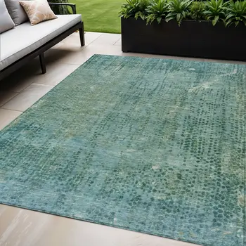 5' X 8' Teal Blue And Ivory Abstract Washable Indoor Outdoor Area Rug