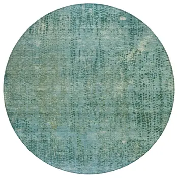 8' Teal Blue And Ivory Round Abstract Washable Indoor Outdoor Area Rug