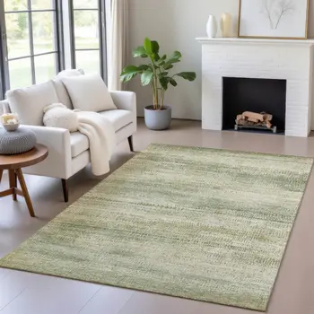 3' X 5' Artichoke Green And Beige Abstract Washable Indoor Outdoor Area Rug