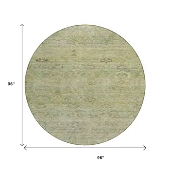 8' Green And Gold Round Oriental Washable Indoor Outdoor Area Rug