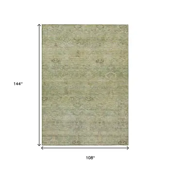 9' X 12' Green And Gold Oriental Washable Indoor Outdoor Area Rug