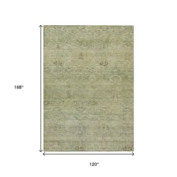 10' X 14' Green And Gold Oriental Washable Indoor Outdoor Area Rug