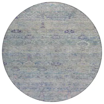 8' Plum And Silver Round Oriental Washable Indoor Outdoor Area Rug