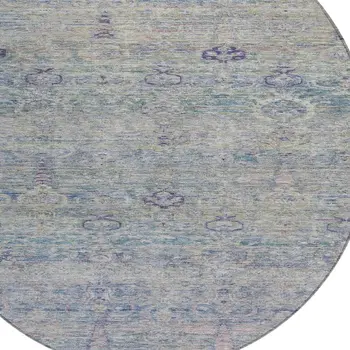 8' Plum And Silver Round Oriental Washable Indoor Outdoor Area Rug
