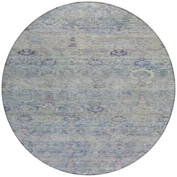 8' Plum And Silver Round Oriental Washable Indoor Outdoor Area Rug