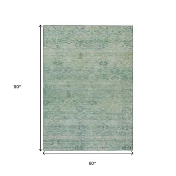 5' X 8' Teal Blue And Linen Oriental Washable Indoor Outdoor Area Rug