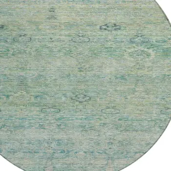 8' Teal Blue And Linen Round Oriental Washable Indoor Outdoor Area Rug