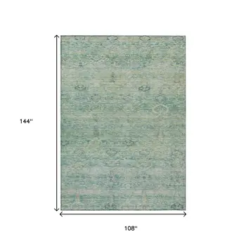 9' X 12' Teal Blue And Linen Oriental Washable Indoor Outdoor Area Rug