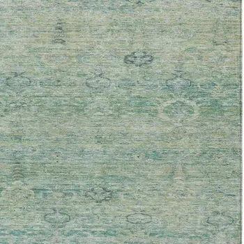 9' X 12' Teal Blue And Linen Oriental Washable Indoor Outdoor Area Rug