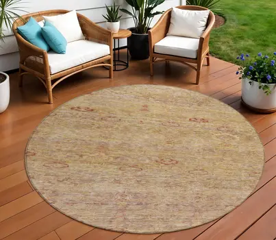 8' Coral And Copper Round Oriental Washable Indoor Outdoor Area Rug