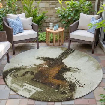 8' Brown Copper And Charcoal Round Abstract Washable Indoor Outdoor Area Rug