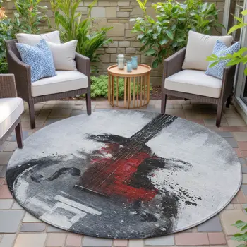 8' Gray Charcoal And Red Round Abstract Washable Indoor Outdoor Area Rug