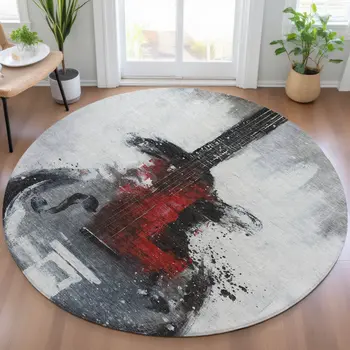 8' Gray Charcoal And Red Round Abstract Washable Indoor Outdoor Area Rug