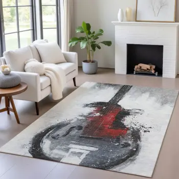 8' X 10' Gray Charcoal And Red Abstract Washable Indoor Outdoor Area Rug