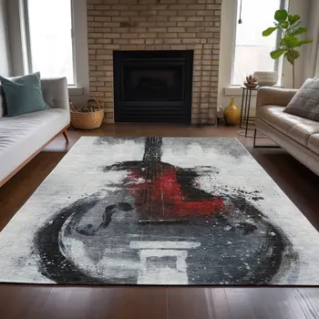 8' X 10' Gray Charcoal And Red Abstract Washable Indoor Outdoor Area Rug