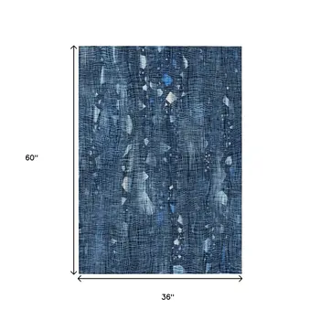 3' X 5' Blue And Ivory Abstract Washable Indoor Outdoor Area Rug