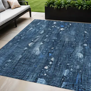 5' X 8' Blue And Ivory Abstract Washable Indoor Outdoor Area Rug