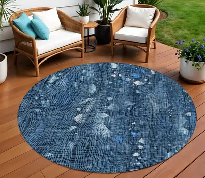 8' Blue And Ivory Round Abstract Washable Indoor Outdoor Area Rug