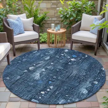 8' Blue And Ivory Round Abstract Washable Indoor Outdoor Area Rug