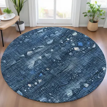 8' Blue And Ivory Round Abstract Washable Indoor Outdoor Area Rug