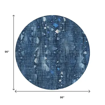 8' Blue And Ivory Round Abstract Washable Indoor Outdoor Area Rug