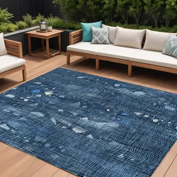 10' X 14' Blue And Ivory Abstract Washable Indoor Outdoor Area Rug
