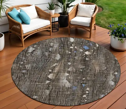 8' Chocolate And Beige Round Abstract Washable Indoor Outdoor Area Rug