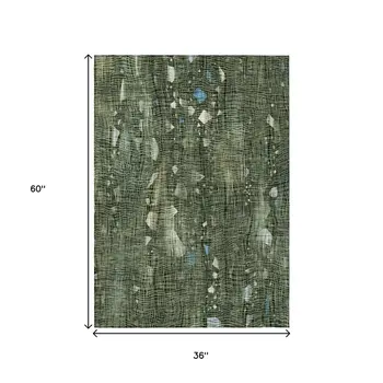 3' X 5' Fern Green And Beige Abstract Washable Indoor Outdoor Area Rug