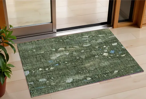 3' X 5' Fern Green And Beige Abstract Washable Indoor Outdoor Area Rug