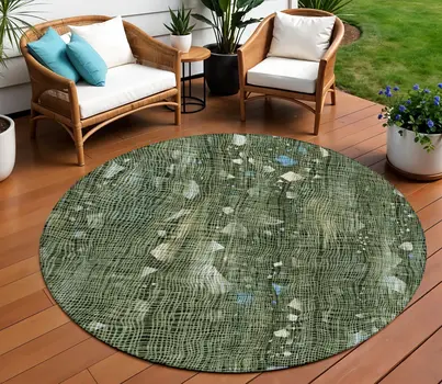 8' Fern Green And Beige Round Abstract Washable Indoor Outdoor Area Rug
