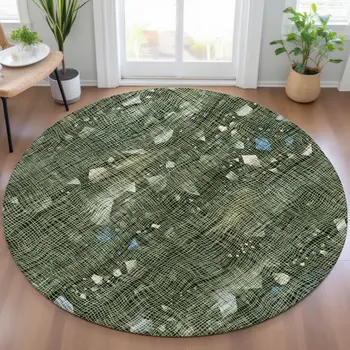 8' Fern Green And Beige Round Abstract Washable Indoor Outdoor Area Rug
